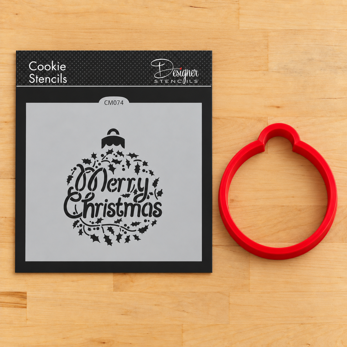 Merry Christmas Holly Ornament Cookie Stencil by Designer Stencils
