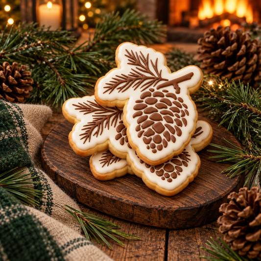 Pinecone shaped cookies, flooded with royal icing and stenciled with brown royal icing using the Pine Cone cookie stencil and matching 3D printed cookie cutters.