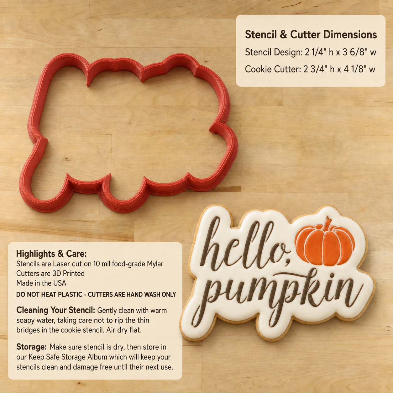 A red cloud-shaped cookie cutter and a decorated sugar cookie reading 'hello, pumpkin' are shown on a light wood background, with text boxes listing dimensions, care instructions, and storage information.