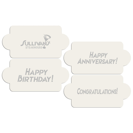 Sullivan's Steakhouse set of four stencils featuring 'Congratulations', 'Happy Anniversary', and 'Happy Birthday'.