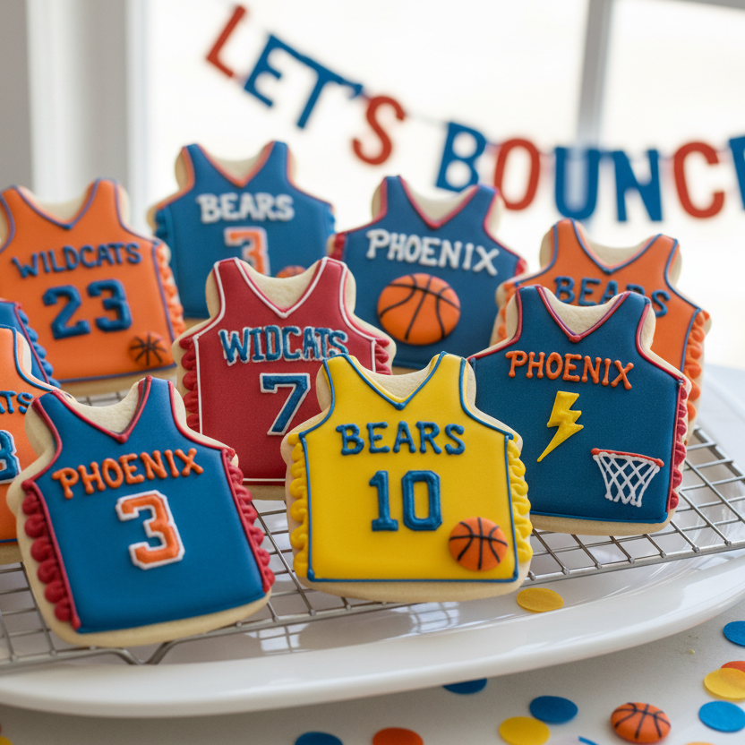 Basketball jersey cookies on a cooling rack with confetti and a 'Let's Bounce!' banner.