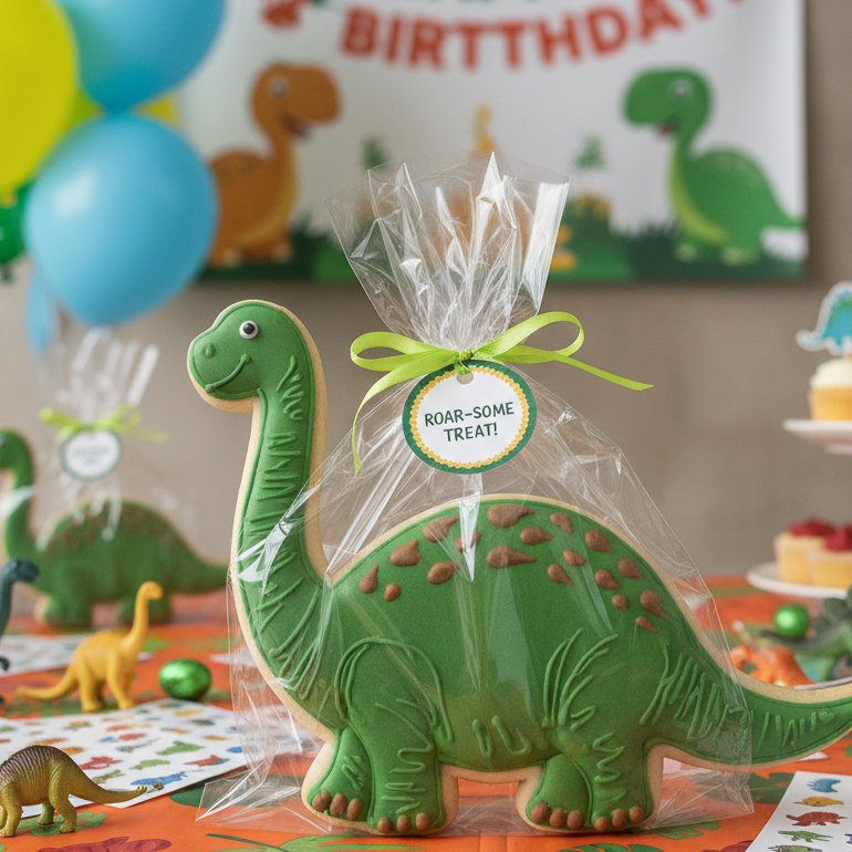 Dinosaur-shaped cookie in cellophane bag with 'Happy Birthday' banner and party decorations in the background