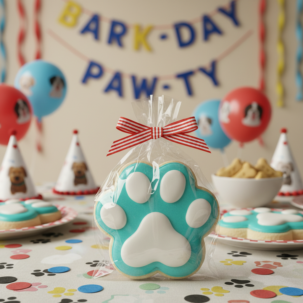 Paw-shaped cookie in a clear bag with a red bow at a 'Bark-Day Paw-ty' themed event.