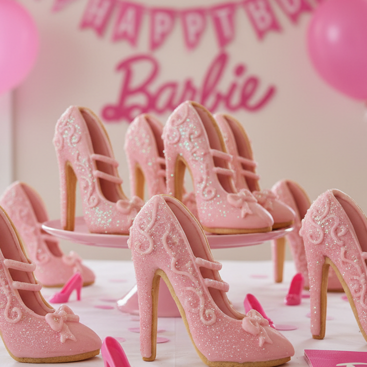 Pink high-heeled shoe cookies on a table with Barbie-themed decorations.