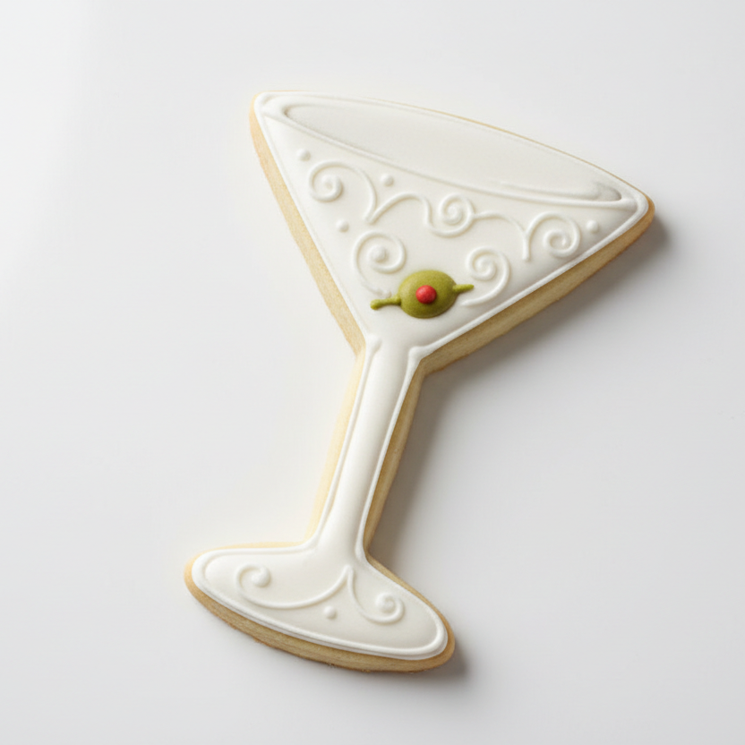 Cookie shaped like a martini glass with a olive on a white background