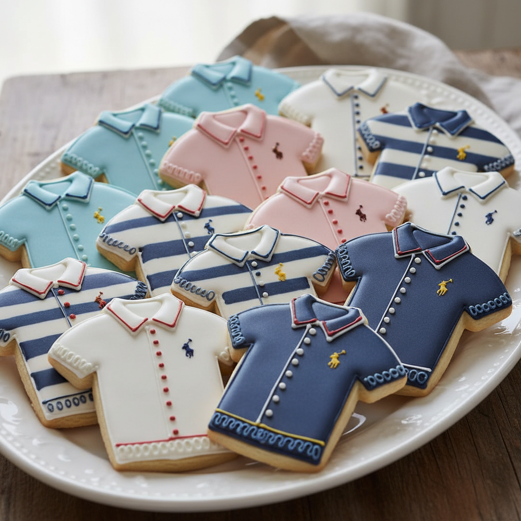 Decorative cookies shaped like shirts on a white plate.