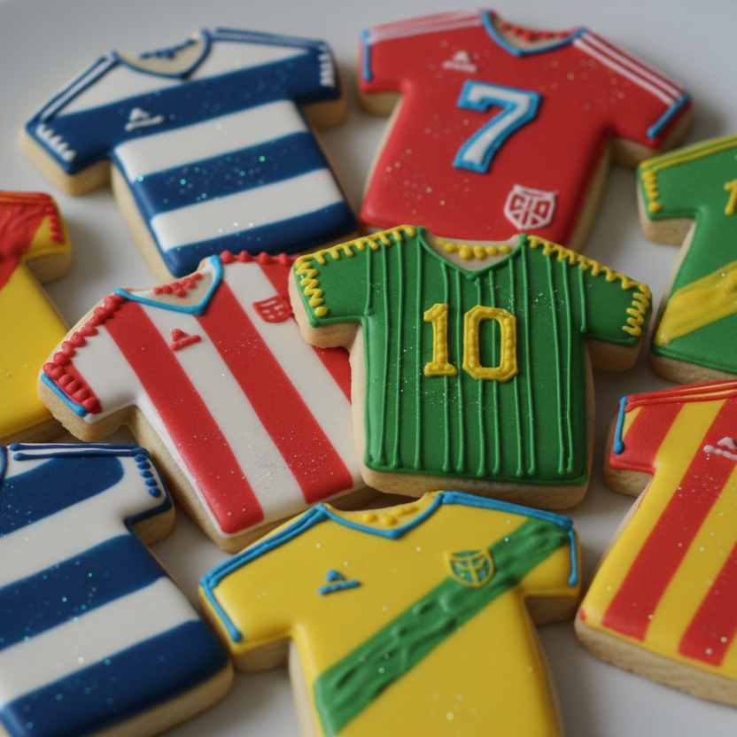 Cookies shaped like sports jerseys on a white plate