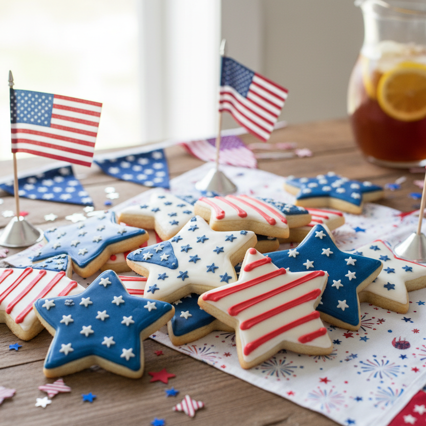 Star-shaped cookies with red, white, and blue icing on a table with American flags and a pitcher of tea.