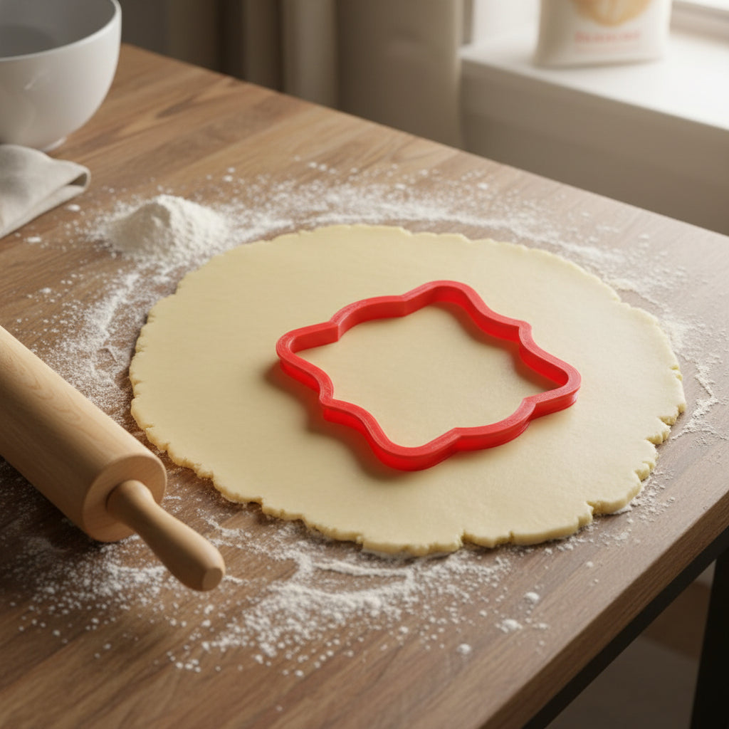 Alford Plaque Cookie Cutter being used on rolled out cookie dough