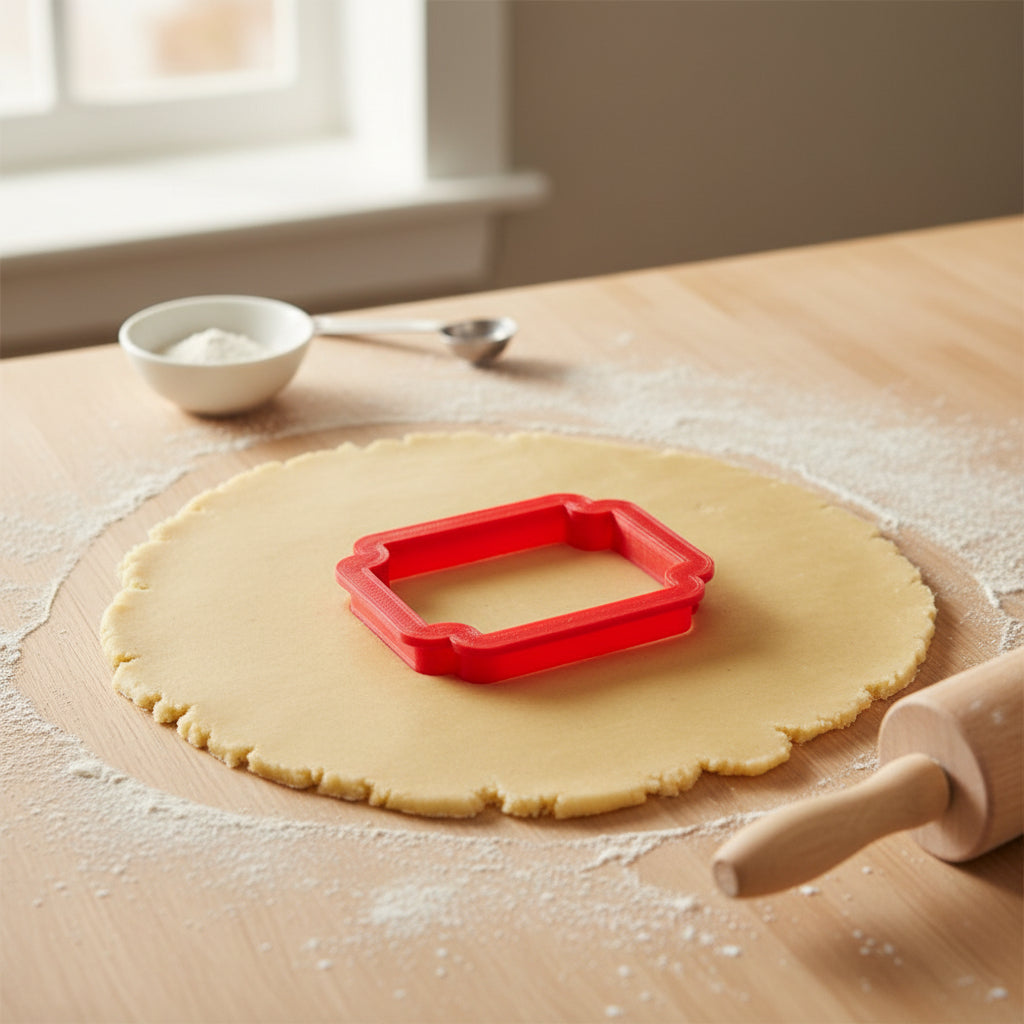 Egremont Plaque Cookie Cutter being used on rolled out cookie dough.