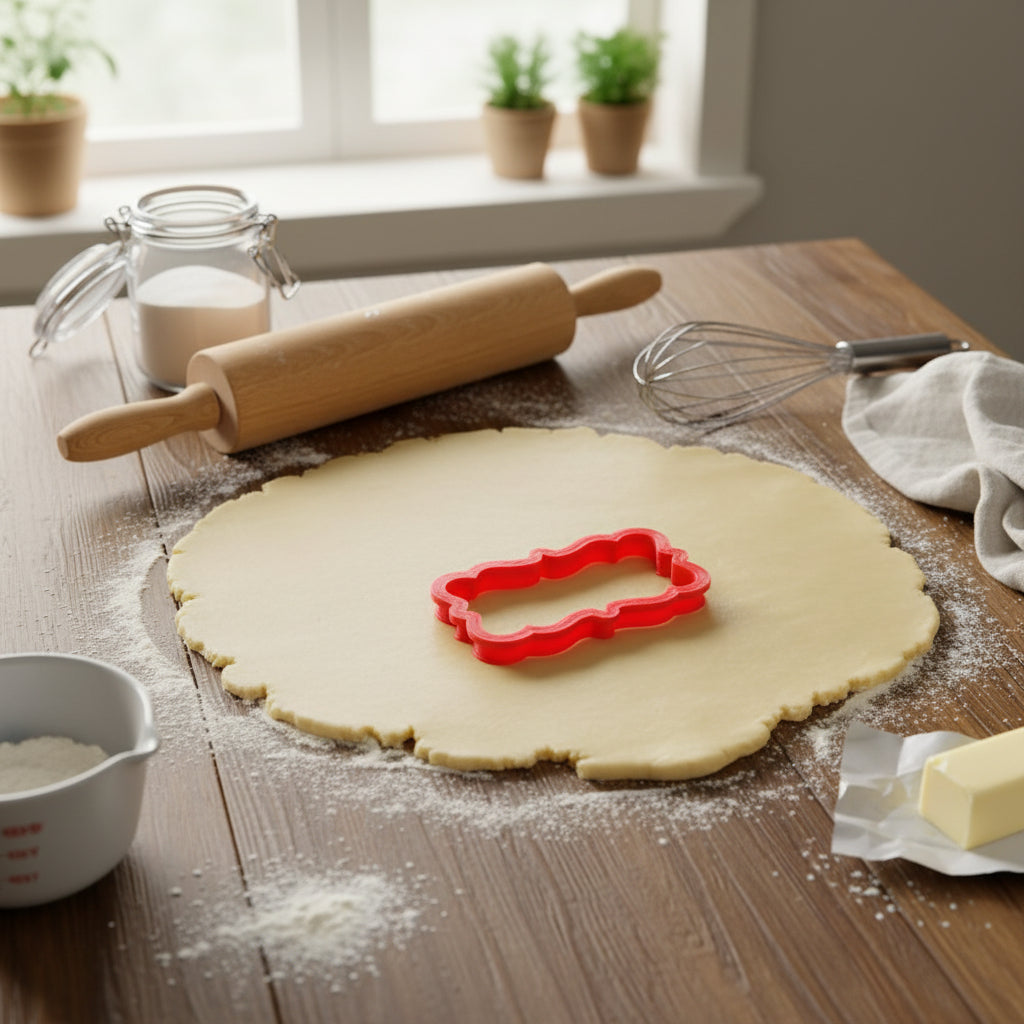 Leyton Plaque Cookie Cutter being used on rolled out cookie dough