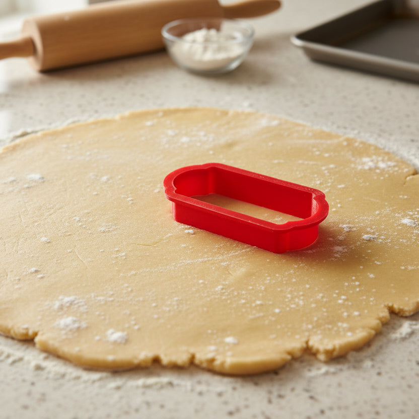 Wellington Plaque Cookie Cutter being used on rolled out cookie dough.